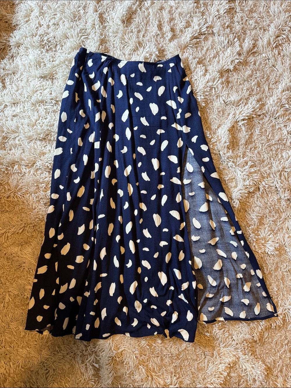Reformation Zoe Navy Blue Midi Skirt with Cream Spot Print
